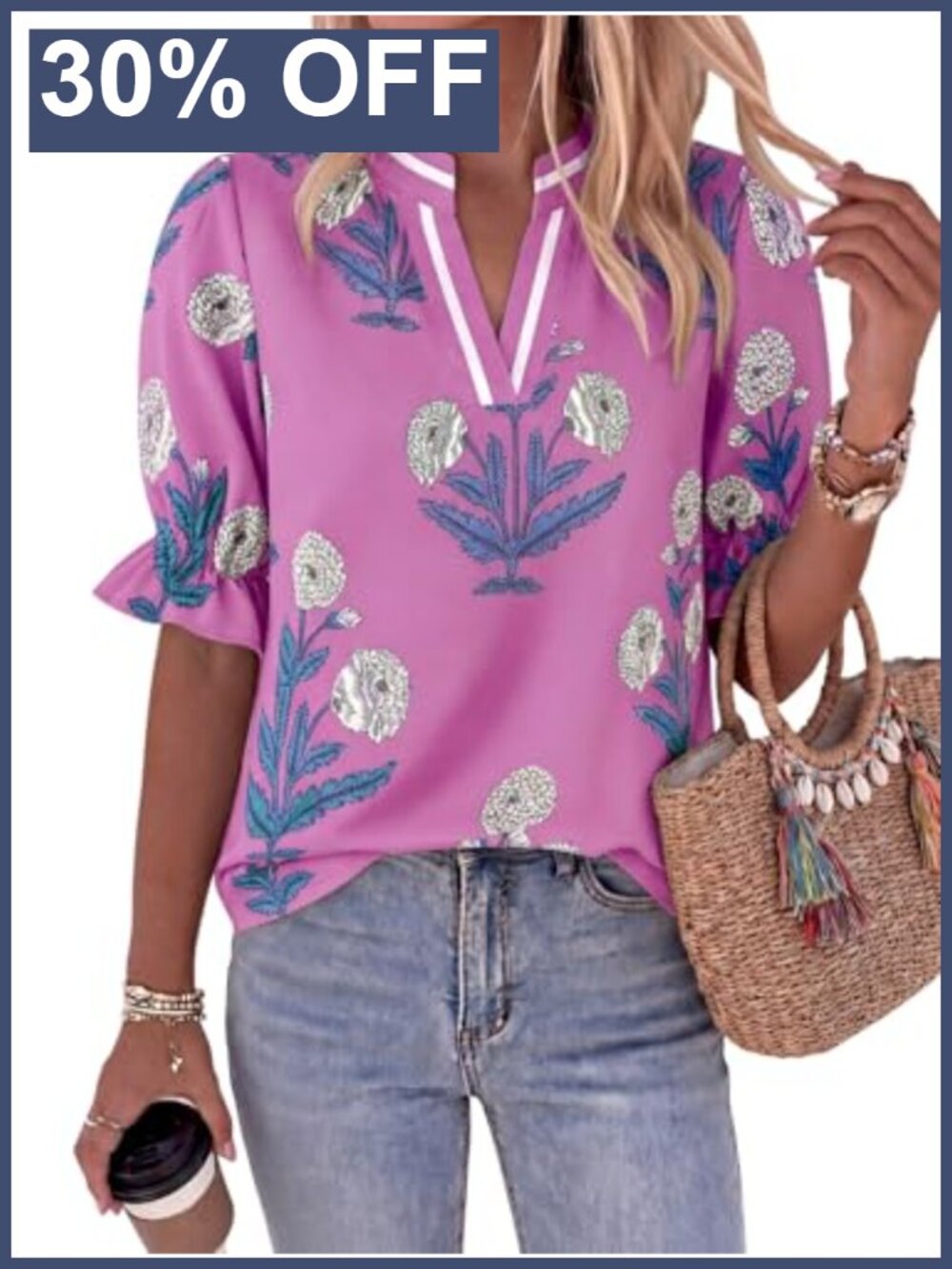 Women's Floral Blouse Puff Sleeve V-Neck Boho Top Summer Shirt